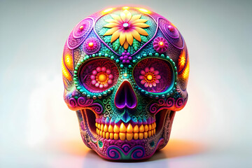 3D Glowing Sugar Skull with Neon Patterns concept as A digital artwork showcasing a glowing sugar skull with intricate neon patterns swirling around it set against an abstract digital background repre