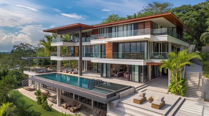 Fototapeta premium A luxury modern villa featuring a multi-level architectural design, a large outdoor swimming pool, and comfortable lounge chairs, set against a lush tropical forest.