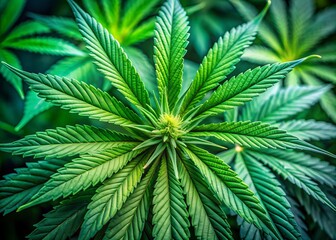 Obraz premium Vibrant green cannabis leaf with intricate veins and delicate trichomes, softly focused background highlighting the plant's natural beauty and potent details.