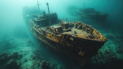Sunken Shipwrecks in Deep Ocean Waters - Eerie, sunken shipwrecks lie undisturbed on the ocean floor, shrouded in deep, mysterious waters, evoking tales of the lost and forgotten.