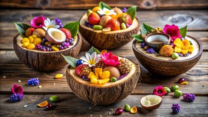 A beautifully styled table setting featuring a trio of coconut bowls overflowing with exotic fruits, nuts, and edible flowers on a rustic wooden background.