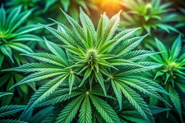 Vibrant green marijuana leaves with delicate trichomes and wispy stems create a lush, natural background with subtle texture and soft, diffused lighting.