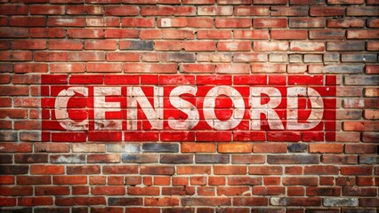 Obraz premium A bold, red, censored bar obscures a potentially offensive word on a retro-style, gritty, urban graffiti-tagged brick wall, conveying a sense of controversy and free speech.