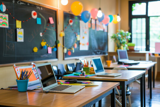Background shot of empty primary school classroom with working desk  open laptops and student supplies. Study room decorated with blackboard and kids crafts hanging on beige wall  copy space 