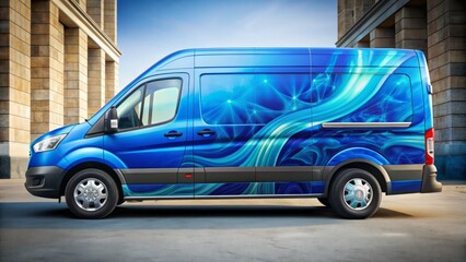 A bright blue van with a vibrant full-body wrap design drives down a urban street, showcasing a modern and attention-grabbing advertisement.