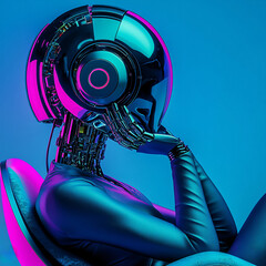 Fototapeta premium a female chrome robot sitting thoughtfully on a modern chair