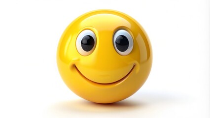 Fototapeta premium A bright yellow smiley face emoticon with a cheerful grin and shiny eyes, isolated on a white background, conveying happiness and friendliness.