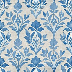 Blue Floral Damask Seamless Pattern