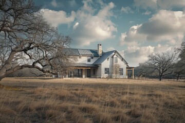 A house surrounded by a field with a tree in the foreground, providing shade and beauty