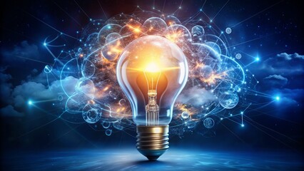 Abstract conceptual representation of creative spark, featuring glowing light bulb surrounded by swirling clouds, symbols, and lines on a dark blue background.