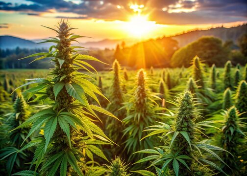 Vibrant green cannabis plants with dense, pungent flowering colas of mature buds thrive under warm sunlight on a lush, idyllic farm landscape.