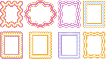 Hand drawn multicolored psychedelic retro textbox for social media. Trendy graphic template of curved frame. groovy style . Vector illustration