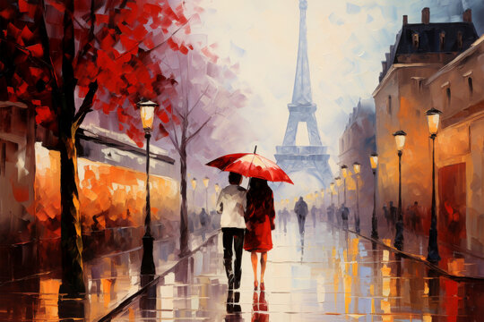 oil paint in street of paris on background