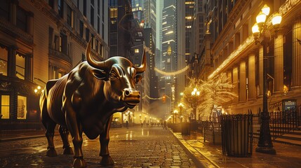 A majestic bull statue stands in a lively urban street, illuminated by soft lights, symbolizing strength and financial prosperity.