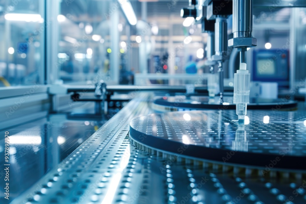 Poster a busy conveyor belt filled with various machines and equipment in an industrial factory setting