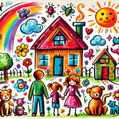Colorful drawing depicts a happy family, house, rainbow, sunshine, and playful elements, representing joy and togetherness.