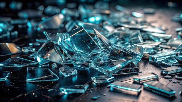 A close-up shot of a shattered glass surface, fragmented pieces scattered across a sleek, dark background, with a few sharp edges still intact.