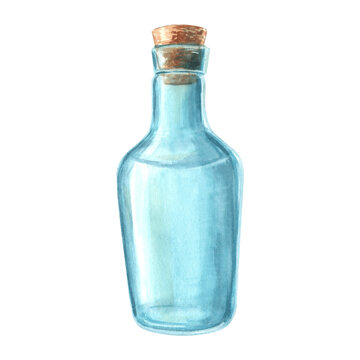 recommend clip art: Glass empty bottle with cork. Transparent vessel for magic potion or medicine laboratory. Hand drawn watercolor illustration isolated. Kitchen utensil for liquid. Clip art for card, cosmetic, print.