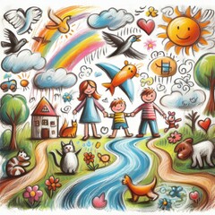 Colorful illustration of a happy family enjoying nature surrounded by animals, a rainbow, and a sunny sky.