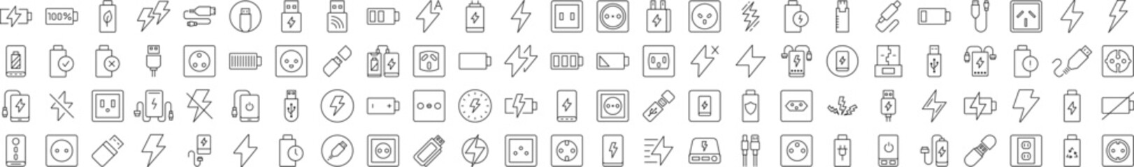 Collection of Energy Related Line Icons. Editable Stroke for Design, Web Sites, Apps, Cards. Contains Linear Images of Battery, USB Cable, Charger, Outlet