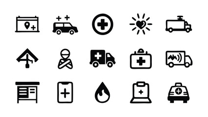 A set of emergency icons in line style, including evacuation, SOS, first aid, ambulance, medical and more.