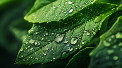 Dew Drops on Green Leaves.