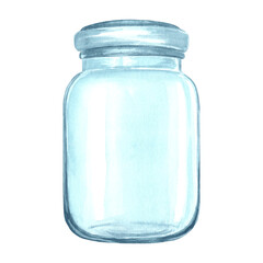 Glass empty jar with lid. Vase transparent for flowers. Hand drawn watercolor illustration isolated. Bottle, vessel for liquid or medicine. Kitchen utensil. Clipart for recipe, cosmetic, cooking book.