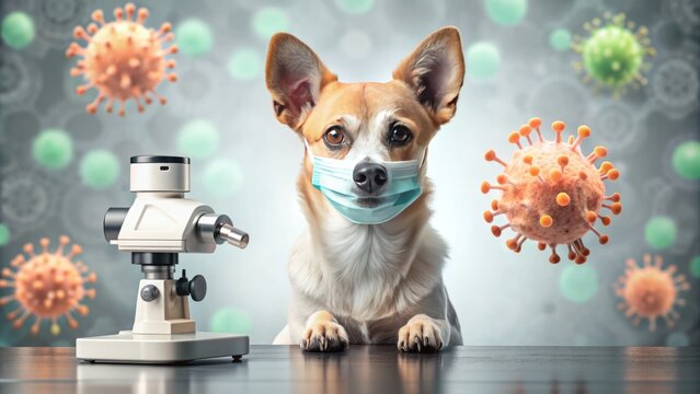 A cute and concerned dog wearing a miniature face mask and sitting in front of a microscope with a virus cell image on the screen.