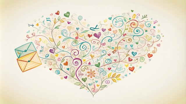 A delicate, hand-drawn heart overflowing with colorful, swirling love letters and tender notes, set against a soft, creamy white background.