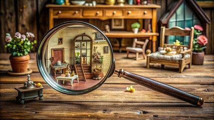 Naklejka premium A delicate magnifying glass rests on a rustic wooden table, surrounded by miniature furniture and a dollhouse, evoking curiosity and whimsical exploration.