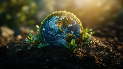 A globe on rich soil, surrounded by vibrant green plants, showcasing Earth's fertility