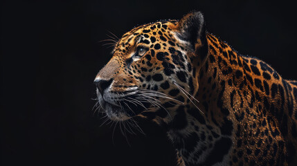 Obraz premium A dramatic portrait of a jaguar emerging from the shadows, its eyes piercing through the darkness, with just the right side of its face and body visible