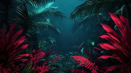 Alien jungle, twisted trees and glowing flora, 3D illustration