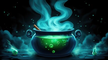 Potion Brewing in a steaming cauldron, fog swirling around the mystical atmosphere, glowing green liquid and deep shadow, detailed steam and bubbles