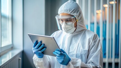 Fototapeta premium A doctor in personal protective equipment reviews a tablet with COVID-19 case numbers and vaccination rates, illustrating the ongoing pandemic crisis management efforts.