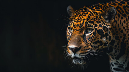 Obraz premium A dramatic portrait of a jaguar emerging from the shadows, its eyes piercing through the darkness, with just the right side of its face and body visible
