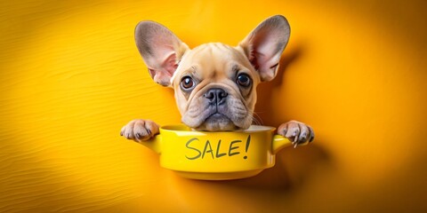 Adorable French bulldog puppy peers through yellow paper hole, holding empty food bowl and displaying a handwritten "Sale" sign, conveying a humorous plea for treats.
