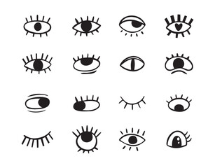 Crazy doodle black eyes. Open eye creative set. Abstract hand drawn fun collection. 