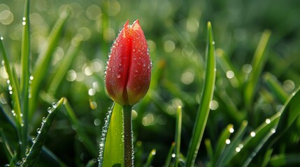 Dew Drops on a Red Tulip Bud.