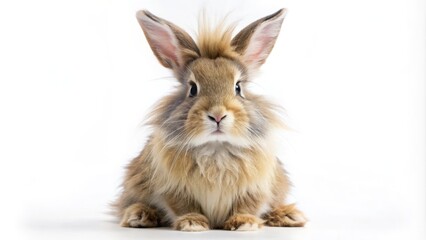 Obraz premium Adorable long-haired rabbit with twitching whiskers and bright curious eyes sits up straight, showcasing its soft fur and tiny paws on a pure white background.