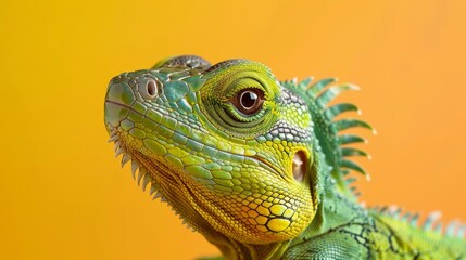 Close-up portrait of a green iguana with a yellow background, showing its scaly skin, sharp teeth, and bright yellow eyes.