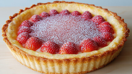 A delectable strawberry tart, adorned with a ring of fresh strawberries and a dusting of powdered sugar, presented on a wooden surface showcasing the beautiful tart crust.