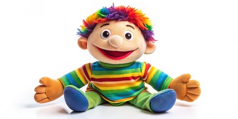 Fototapeta premium Adorable soft hand puppet toy with vibrant colors and endearing facial expression sits alone on a clean white background, evoking imagination and storytelling.