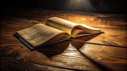 A dramatic, high-contrast image of a single, worn, and curled page casting a long, ominous shadow on a worn, wooden desk surface.