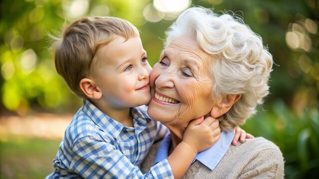Adoring elderly woman tenderly kisses the cheek of her happy, chubby-cheeked toddler grandson, who giggles and wraps arms around her neck in a loving embrace.