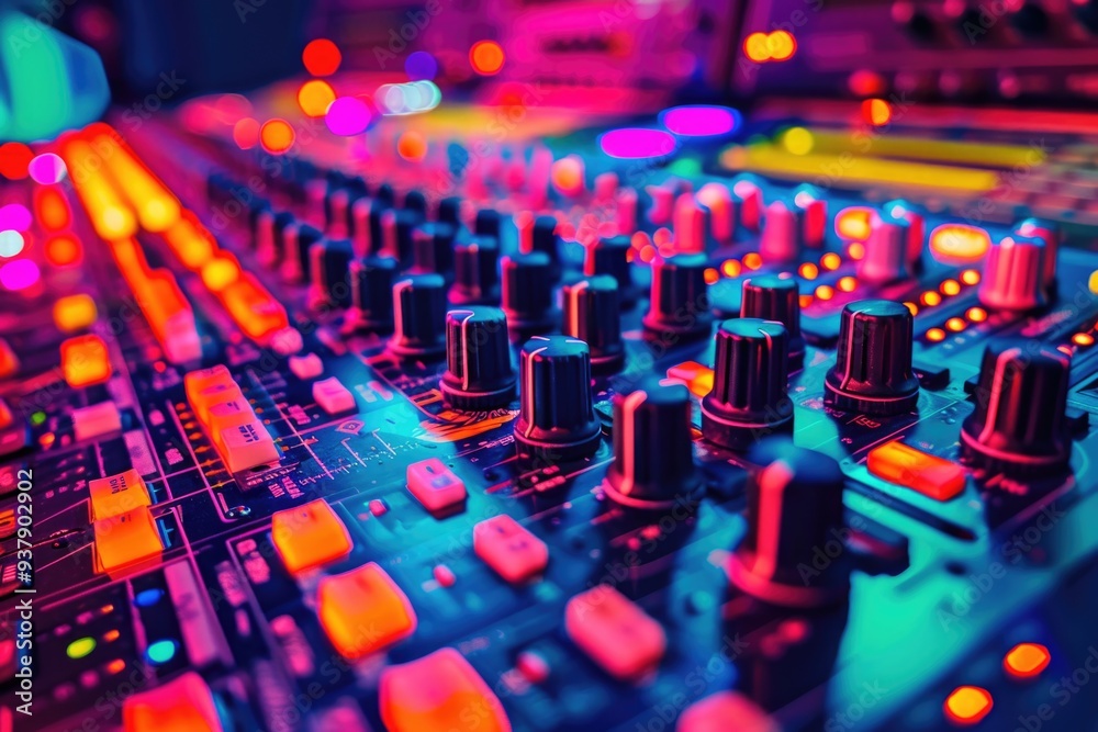 Poster Close-up of a mixing board in a recording studio with various controls and buttons