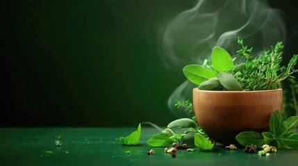 Herbs Scattering on a table, fog swirling around, soft warm light with deep shadow, detailed herbs and table texture