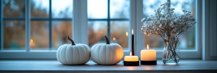 Visual showing a minimalist Halloween table setting with white pumpkins and black candles.