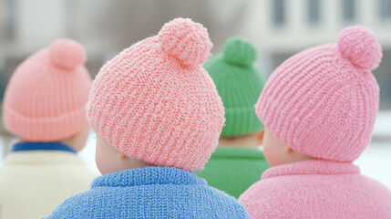A rear view of four children wearing colorful knitted hats and sweaters in a winter setting, highlighting the warmth and coziness of a winter day spent outdoors.