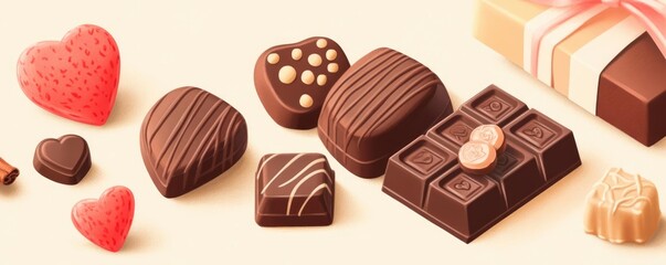 Chocolate Giving with heartfelt expression, rich brown tones with soft highlights, detailed chocolate and packaging